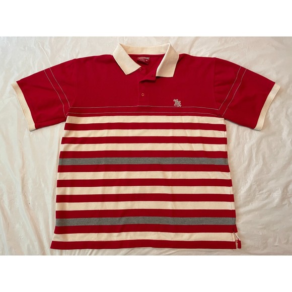 Brooklyn Xpress Men's 3 Button Polo Shirt Red White Gray Stripe Size M - Picture 1 of 6